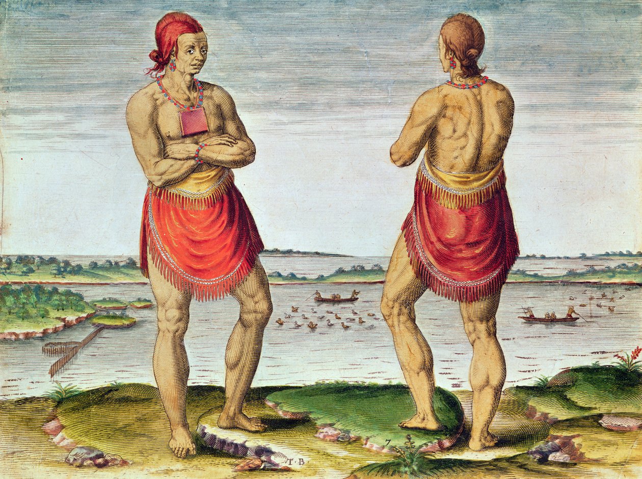 Admiranta Narratio..., päällikkö Roanoack (sivu 57, levy 7), 1585-1588 (värikaiverrus). tekijältä Theodore de Bry