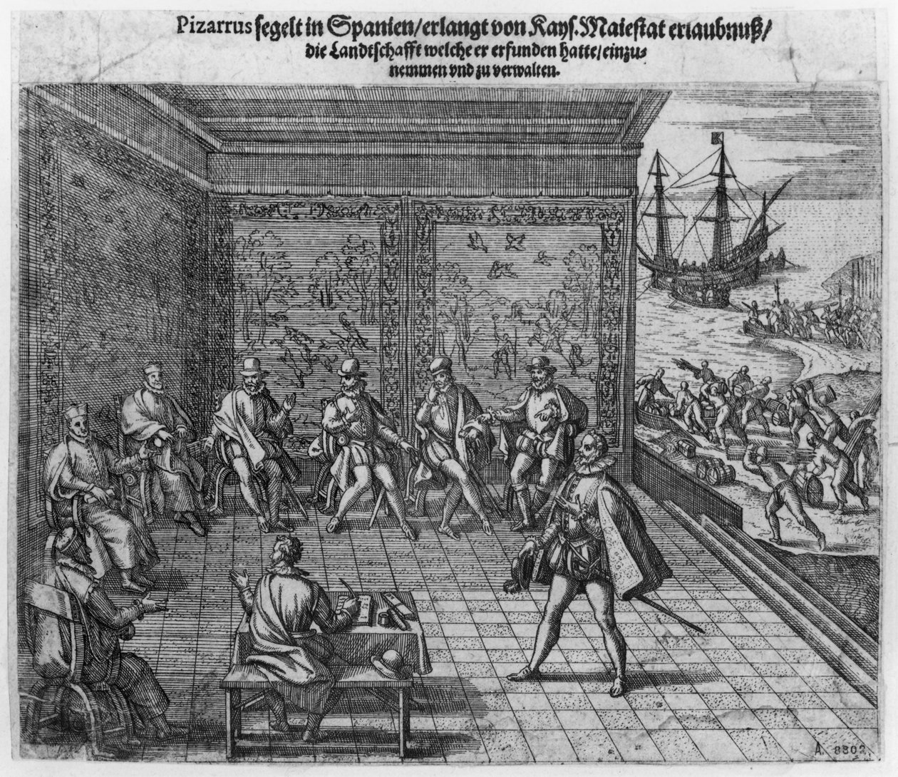 Francisco Pizarro pyytää keisarillisen hovin tukea Perun hallitukselle tekijältä Theodore de Bry