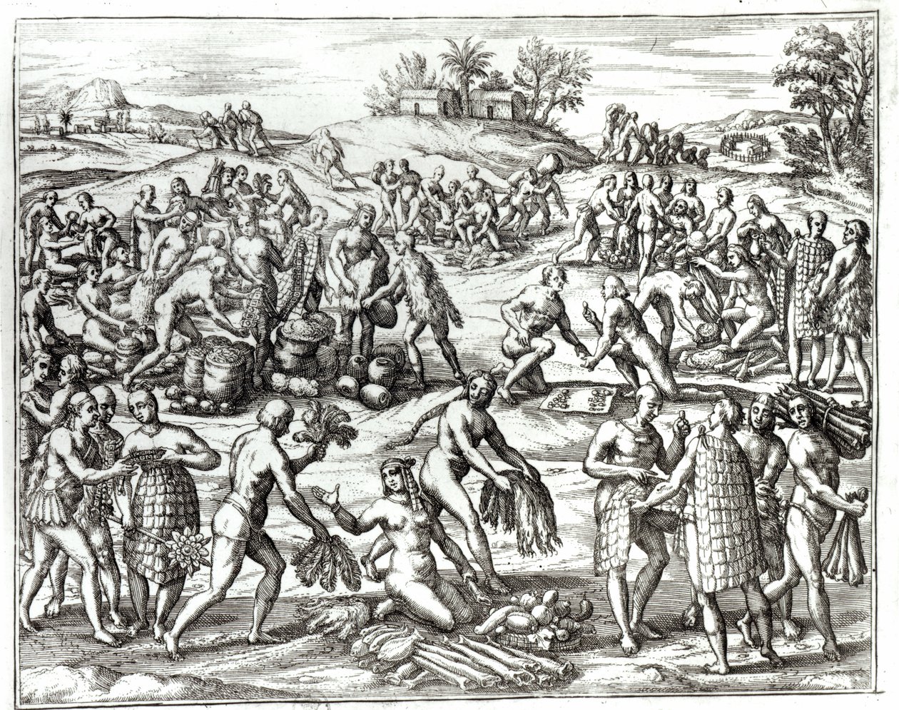 Intian markkinat Cartagenassa, Kolumbiassa, "Americae Tertia Pars V" tekijältä Theodore de Bry