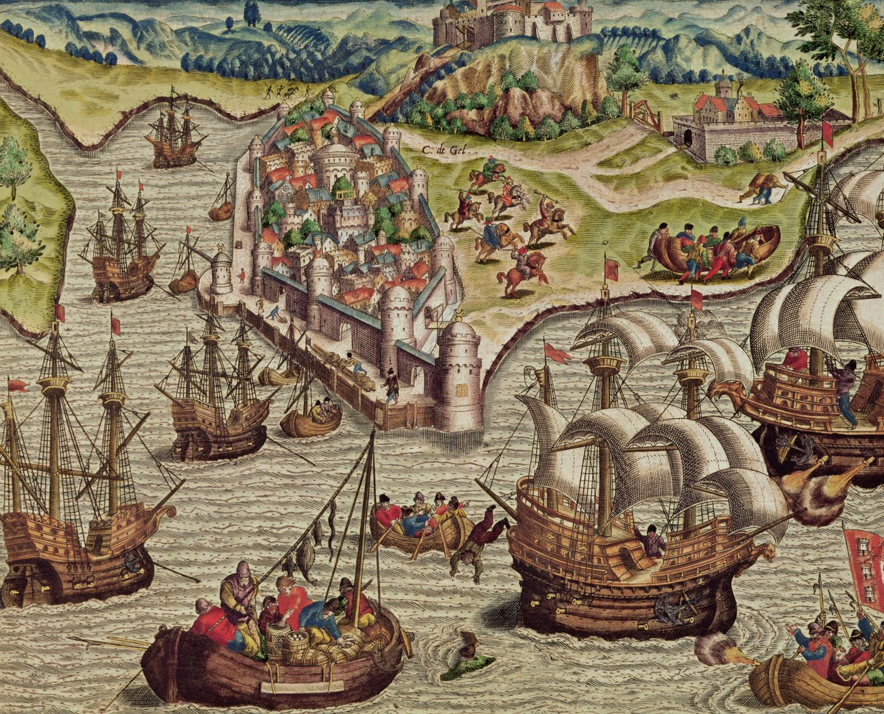 Merivoimien taistelu, kuvitus teoksesta "Americae Tertia Pars...", 1592 tekijältä Theodore de Bry