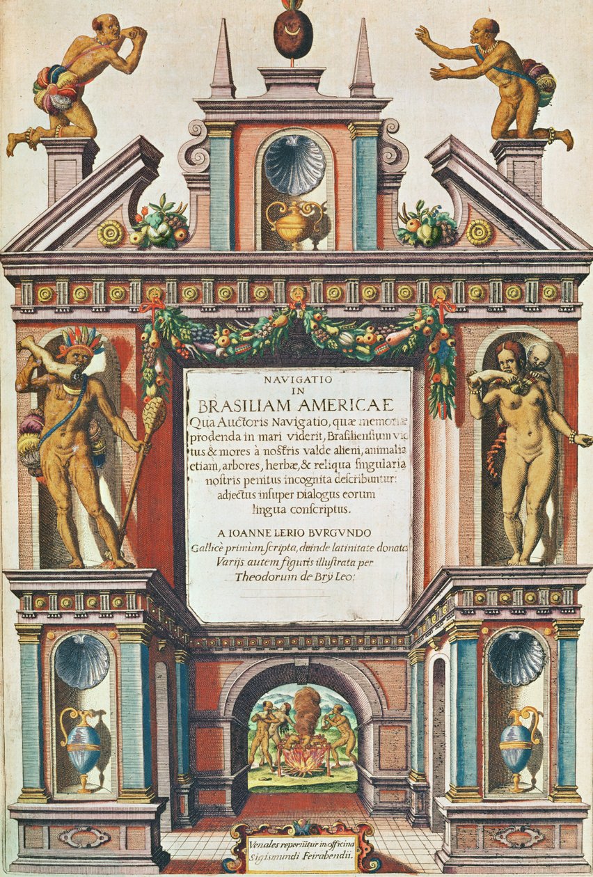 Navigointi Brasilian Amerikassa. Etukappale (sivu 447), 1563 (värikaiverrus) tekijältä Theodore de Bry