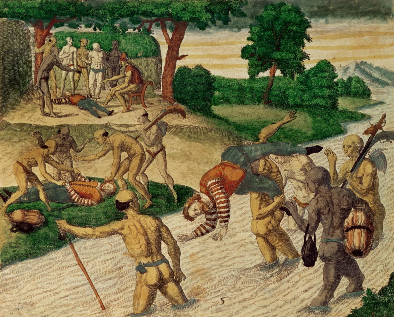 Etelä-Amerikan intiaanit hukuttivat espanjalaisia nähdäkseen, ovatko he kuolemattomia tekijältä Theodore de Bry