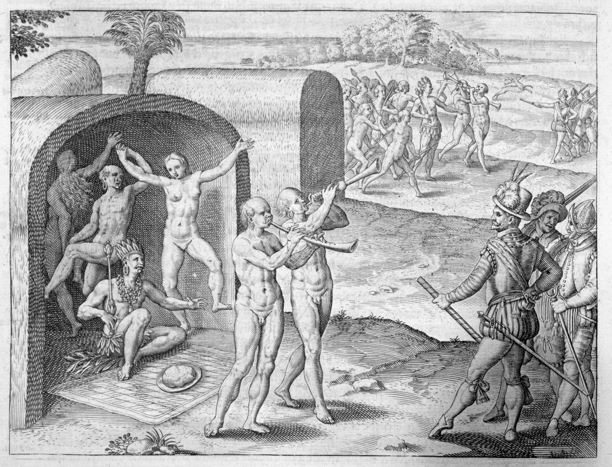 Intiaanikuningas toivotti espanjalaisia tervetulleeksi, Girolamo Benzonin kertomuksesta Perun valloituksesta, Johann Ludwig Gottfriedin kirjasta "Newe Welt und Americanische Historien", kustantaja Mattaeus Meri tekijältä Theodore de Bry