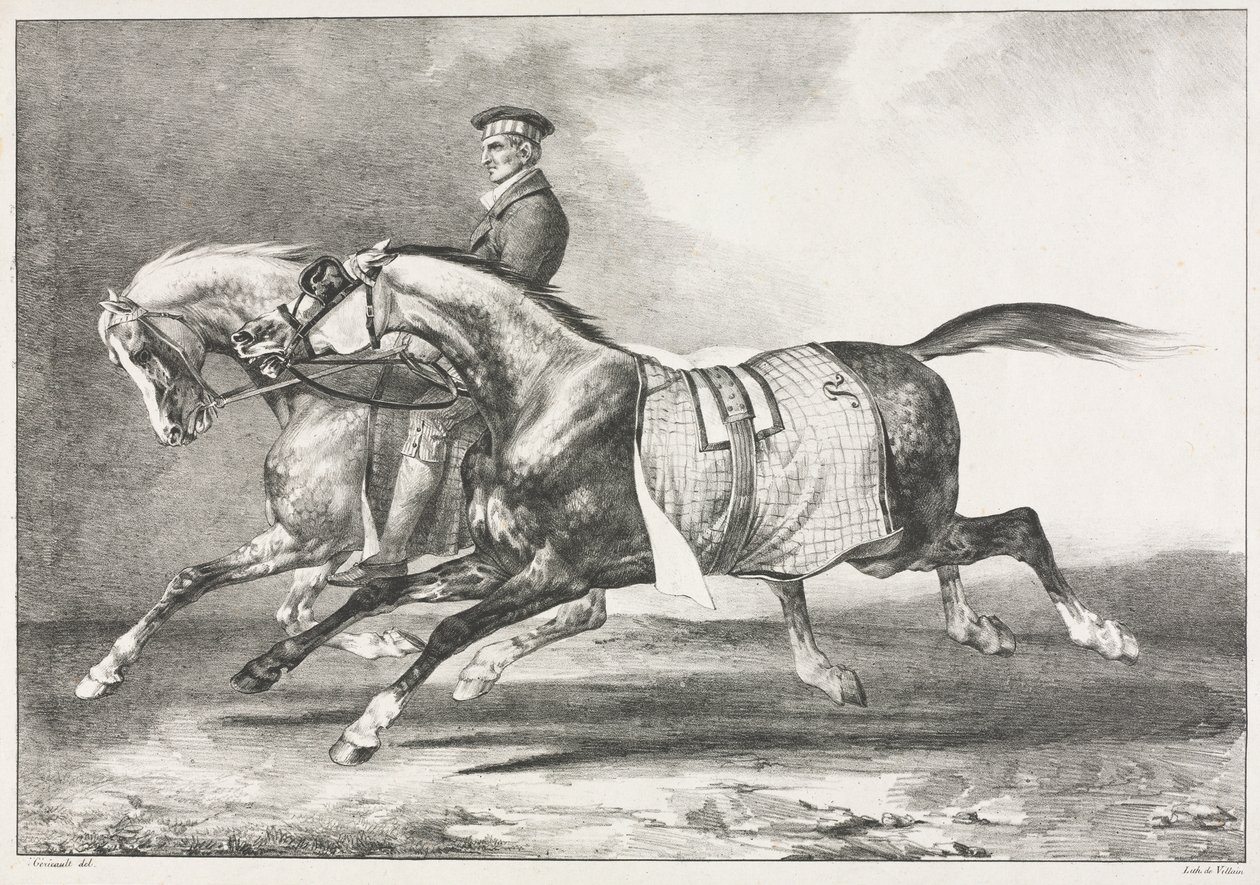 Kaksi kirjavaa hevosta harjoittelemassa tekijältä Theodore Gericault