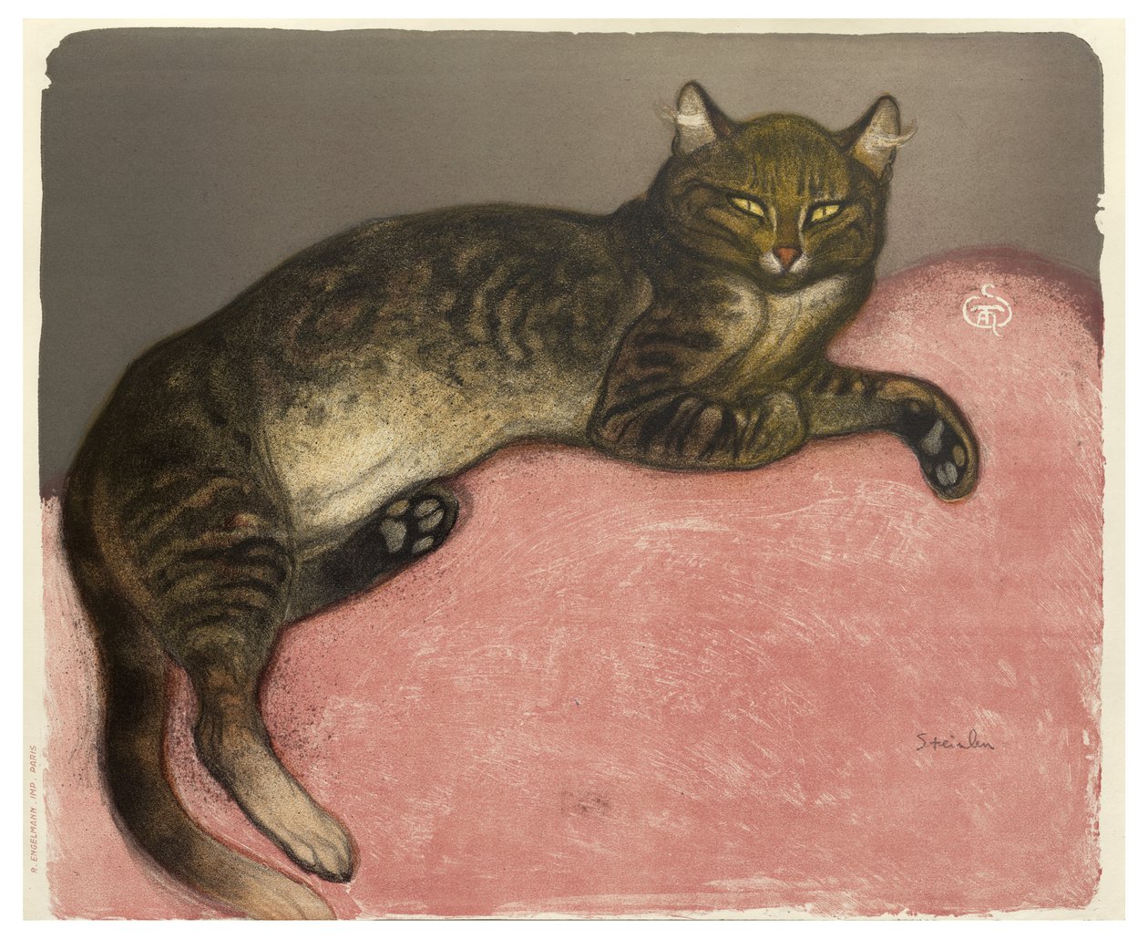 Talvi, Kissa tyynyllä, 1909 (värinen lito kermanvärisellä paperilla) tekijältä Théophile Alexandre Steinlen