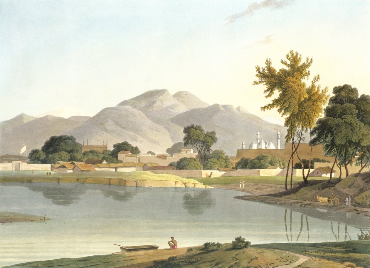 Näkymä Nijeibabadissa, lähellä Coaduwar Gautia, Rohilcund, levy XIII teoksen "Oriental Scenery", osa 6, julkaisu. 1804 (akvatintti) tekijältä Thomas und William Daniell