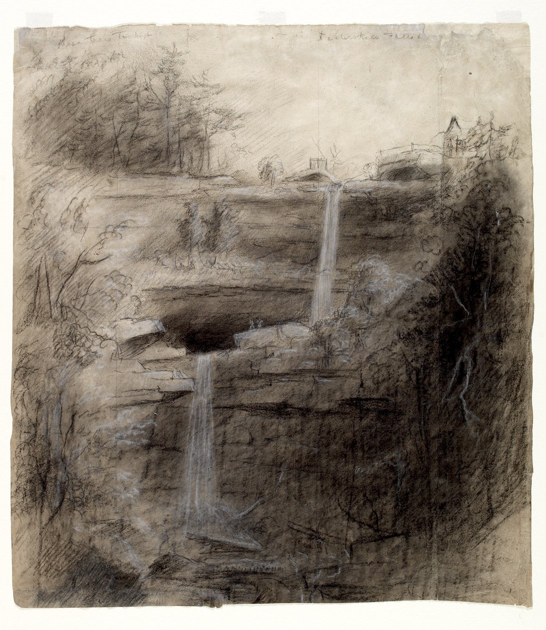 Double Waterfall - Kaaterskill Falls, 1826 (hiili, mustavalkoinen värikynä ja grafiittikynä paperilla) tekijältä Thomas Cole