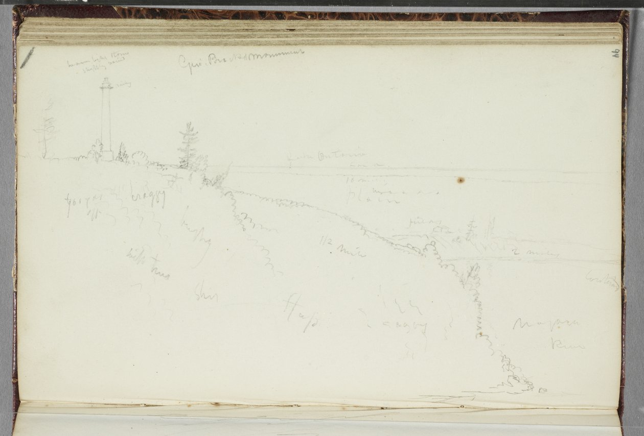 General Brock Monument, Queenston, Ontario, 1829 (grafiittikynä luonnonvalkoisella kudospaperilla) tekijältä Thomas Cole