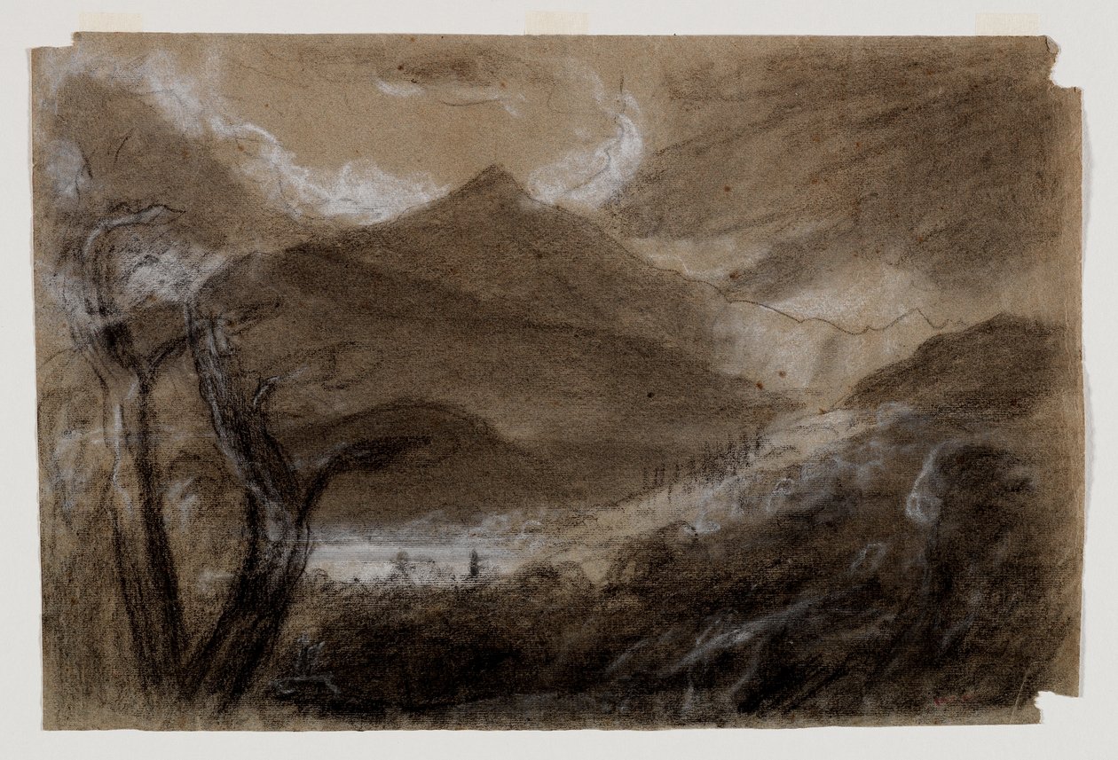 Schroon Mountain, Adirondacks, n. 1837 (mustavalkoinen liitu harmaalla kudospaperilla) tekijältä Thomas Cole