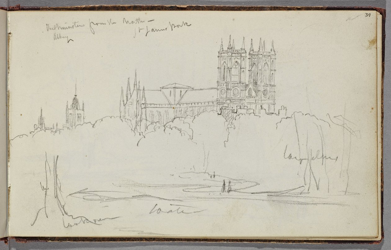 Westminster Abbey pohjoisesta, St. James Park, n. 1830 (grafiittikynä luonnonvalkoisella kudottupaperilla) tekijältä Thomas Cole