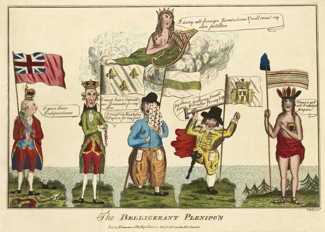The Belligerent Plenipos, pubi. 1782 (käsinvärinen kaiverrus) tekijältä Thomas Colley
