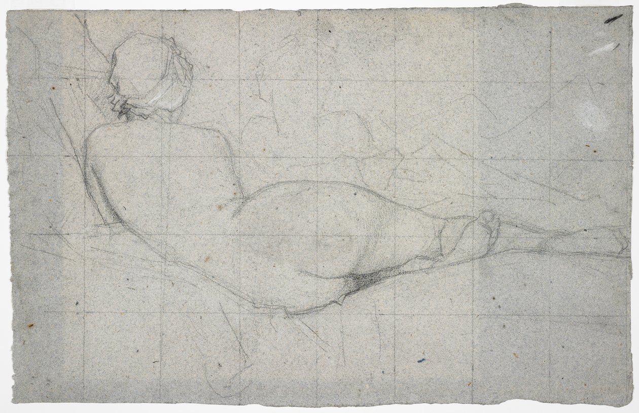 Makaava nainen alastonkuva ja osittainen tutkimus toisesta naishahmosta, n. 1855-1860 (musta ja valkoinen liitu siniharmaalle paperille) tekijältä Thomas Couture