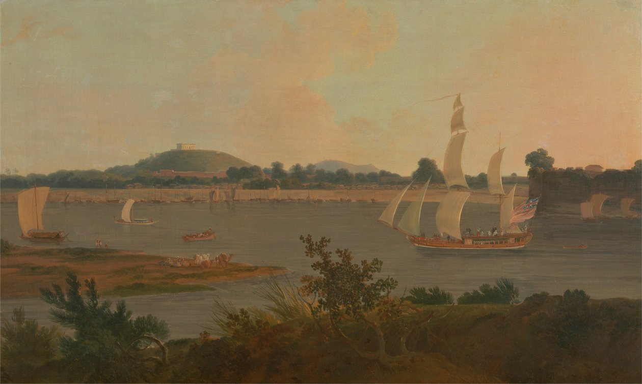 Pinnace purjehti Gangesia pitkin Monghyrin linnoituksen ohi tekijältä Thomas Daniell