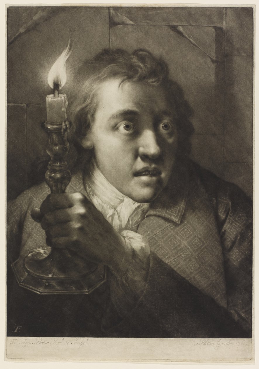 Nuori mies pitelee kynttilää (mezzotint paperilla) tekijältä Thomas Frye