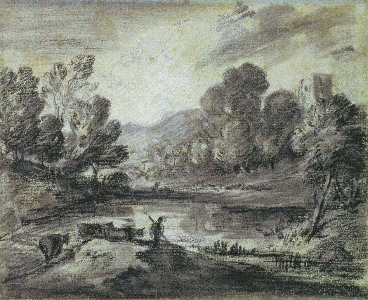 Mäkinen maisema, n. 1775-80 (musta liitu, kanto ja valkoinen liitu sinisellä paperilla) tekijältä Thomas Gainsborough