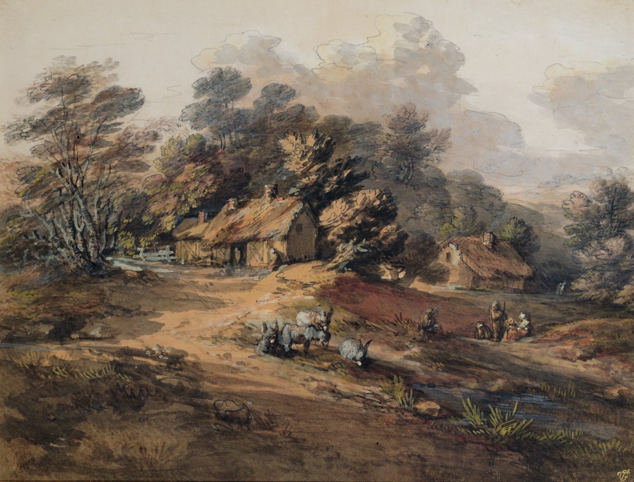 Talonpojat ja aasit lähellä mökkejä metsän reunalla tekijältä Thomas Gainsborough