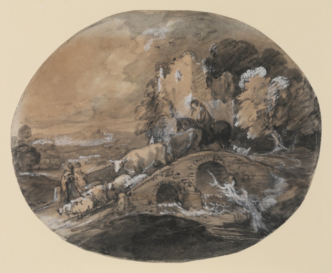 Metsäinen maisema, jossa paimen ajaa karjaa sillan yli, talonpoikia ja raunioitunut linna, 1781 (musta mustepesu, musta liitu korotettu valkoisella paperilla) tekijältä Thomas Gainsborough