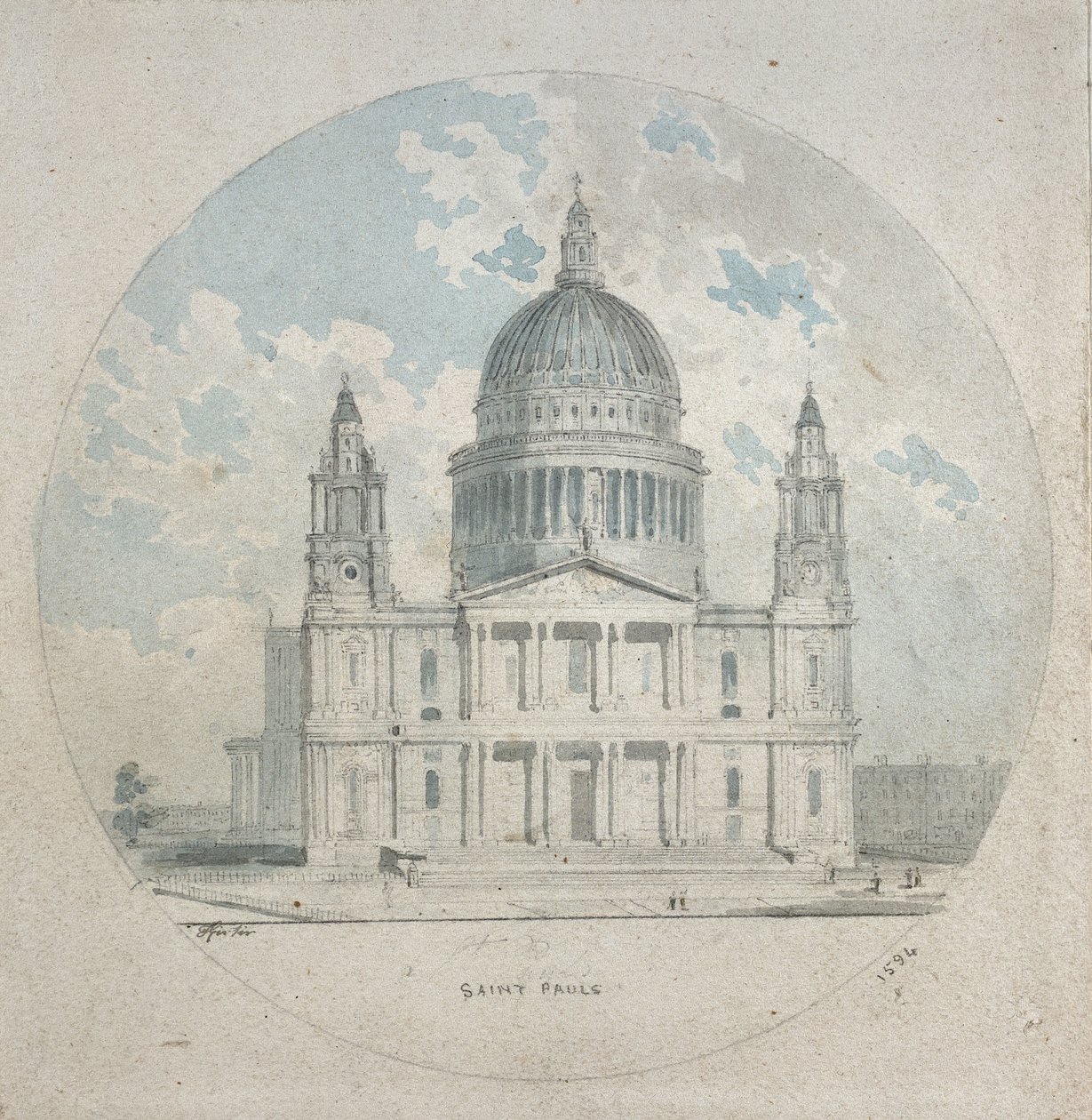 Pyhän Paavalin katedraali, n. 1790 (sininen ja harmaa peittää grafiitin) tekijältä Thomas Girtin