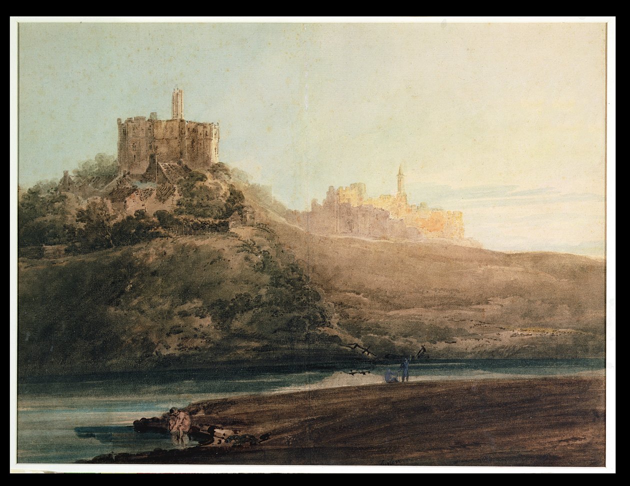 Warkworth Castle, Northumberland, n. 1798 (wc, guassi ja lyijykynä kortille asetettu paperille) tekijältä Thomas Girtin
