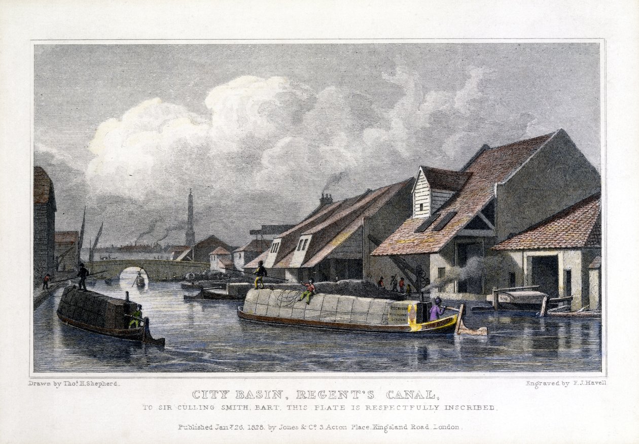 City Basin, Regents Canal, kaiverrus F.J. Havell, 1827 tekijältä Thomas Hosmer after Shepherd
