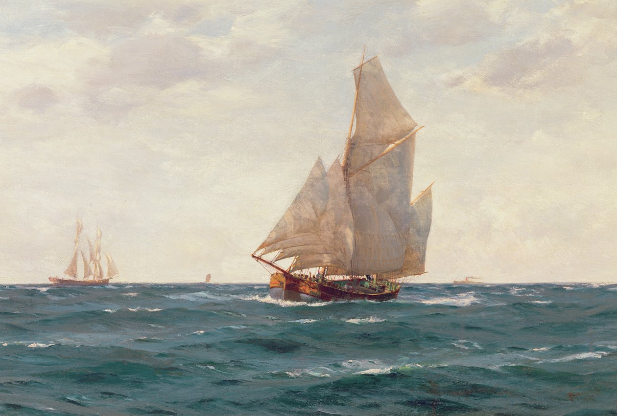 Ketch and Brigantine rannikolla, n. 1905 tekijältä Thomas J. Somerscales