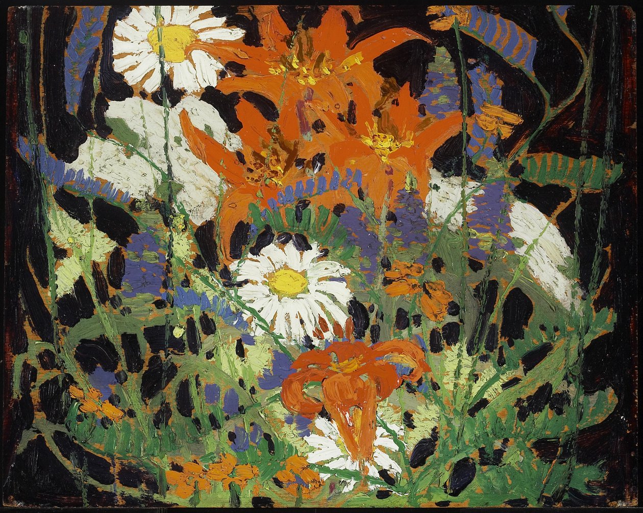Marguerites, puuliljat ja virna, n. 1916 tekijältä Tom Thomson