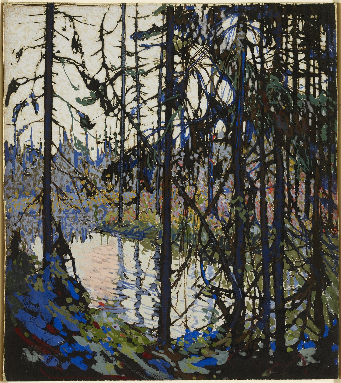 Study for Northern River, 1914-15 (guassi, sivellin ja muste grafiitin päällä kuvataululla) tekijältä Tom Thomson