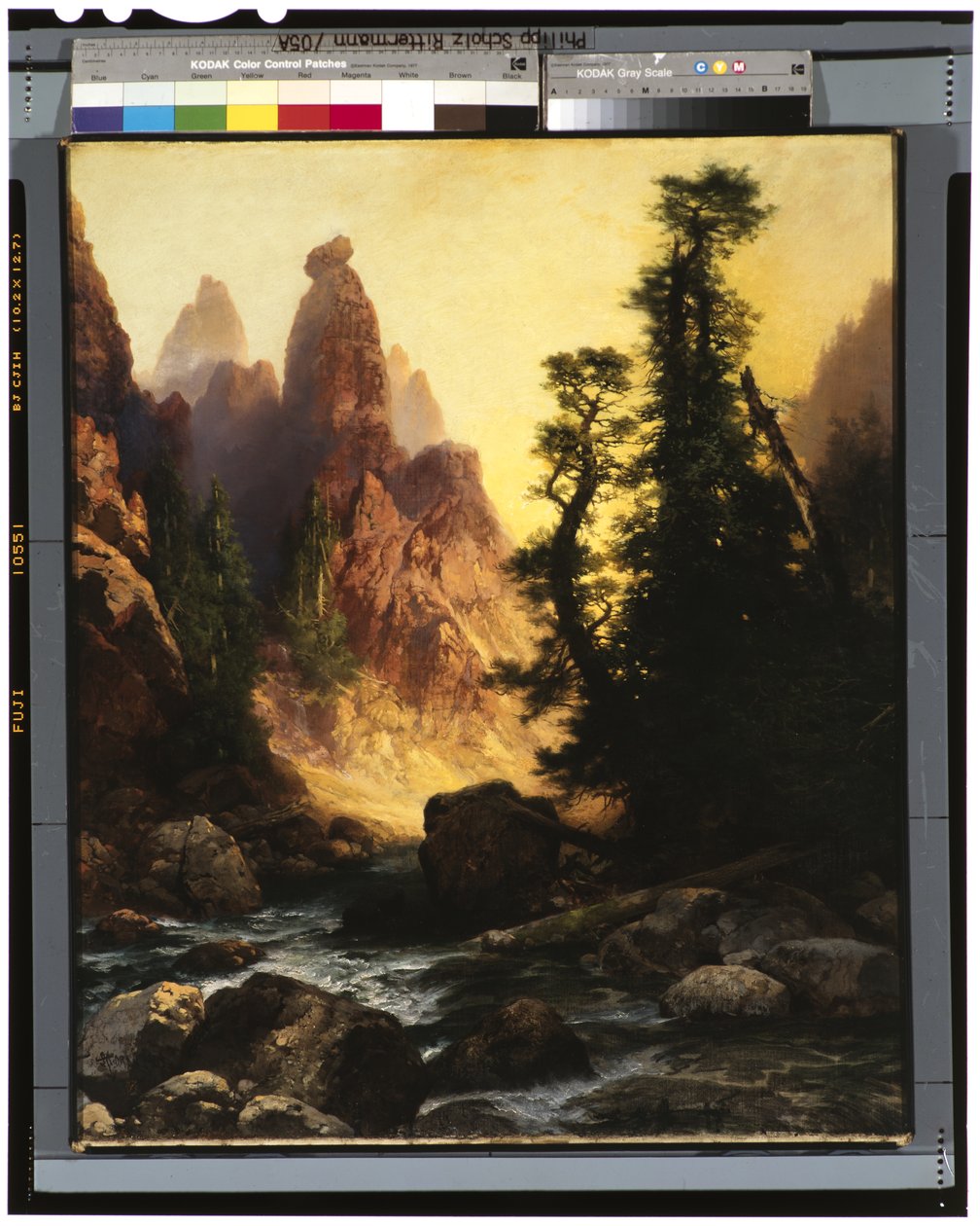 Towers of Tower Fallsin alla, Yellowstone Park, 1909 tekijältä Thomas Moran