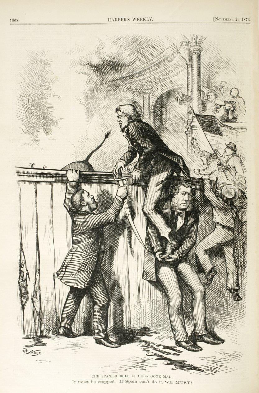 Espanjan härkä Kuubassa hulluksi tullut, 1873 (puukaiverrus) tekijältä Thomas Nast