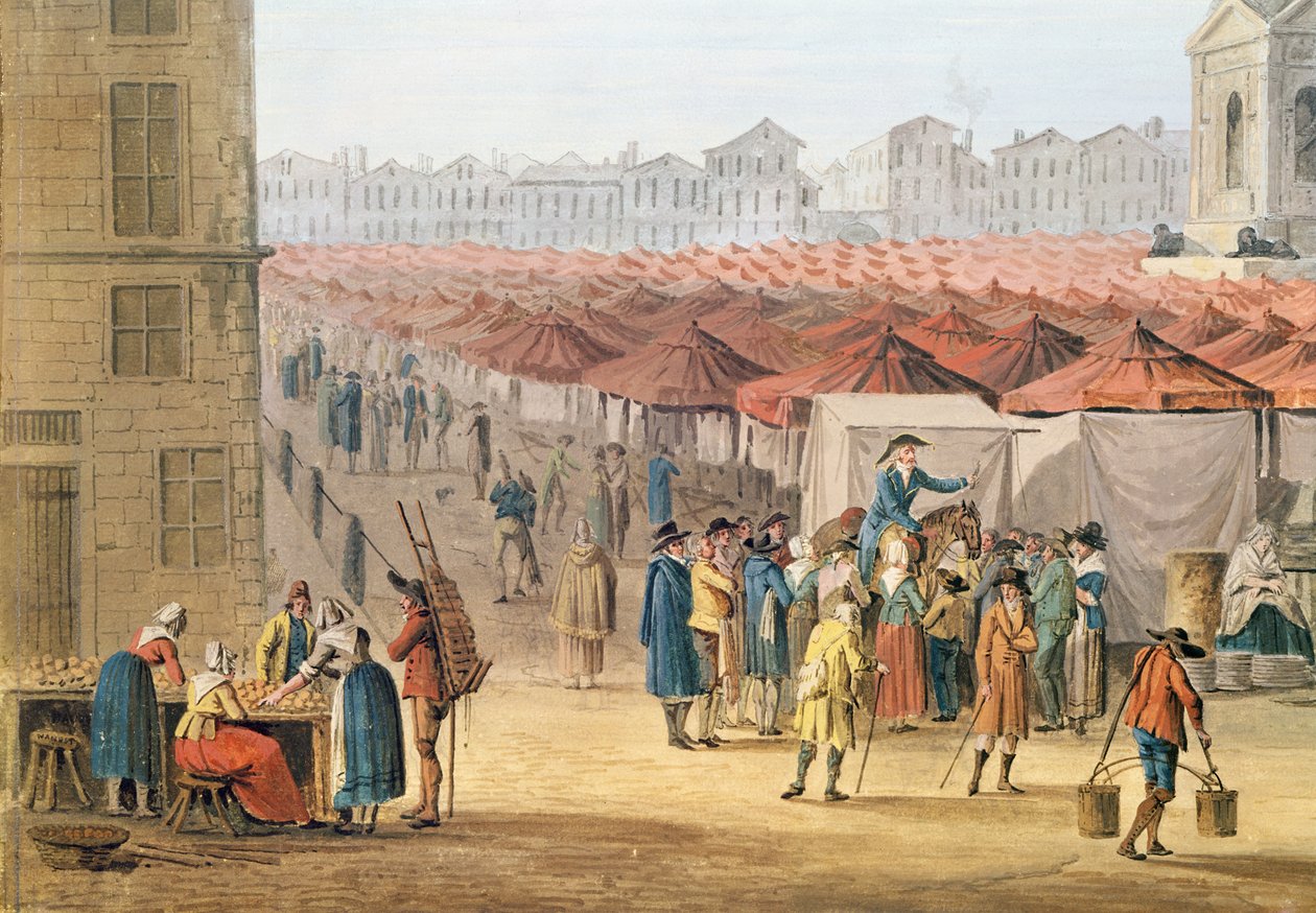 Marche des Innocents, yksityiskohta vasemmasta reunasta, n. 1794-1810 (wc ja guassi paperilla) tekijältä Thomas Naudet