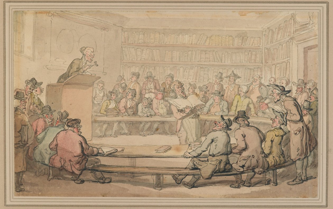 Kirjahuutokauppa Sothebysissa, n. 1810-1815 (kynä ja muste ja pesu paperille) tekijältä Thomas Rowlandson