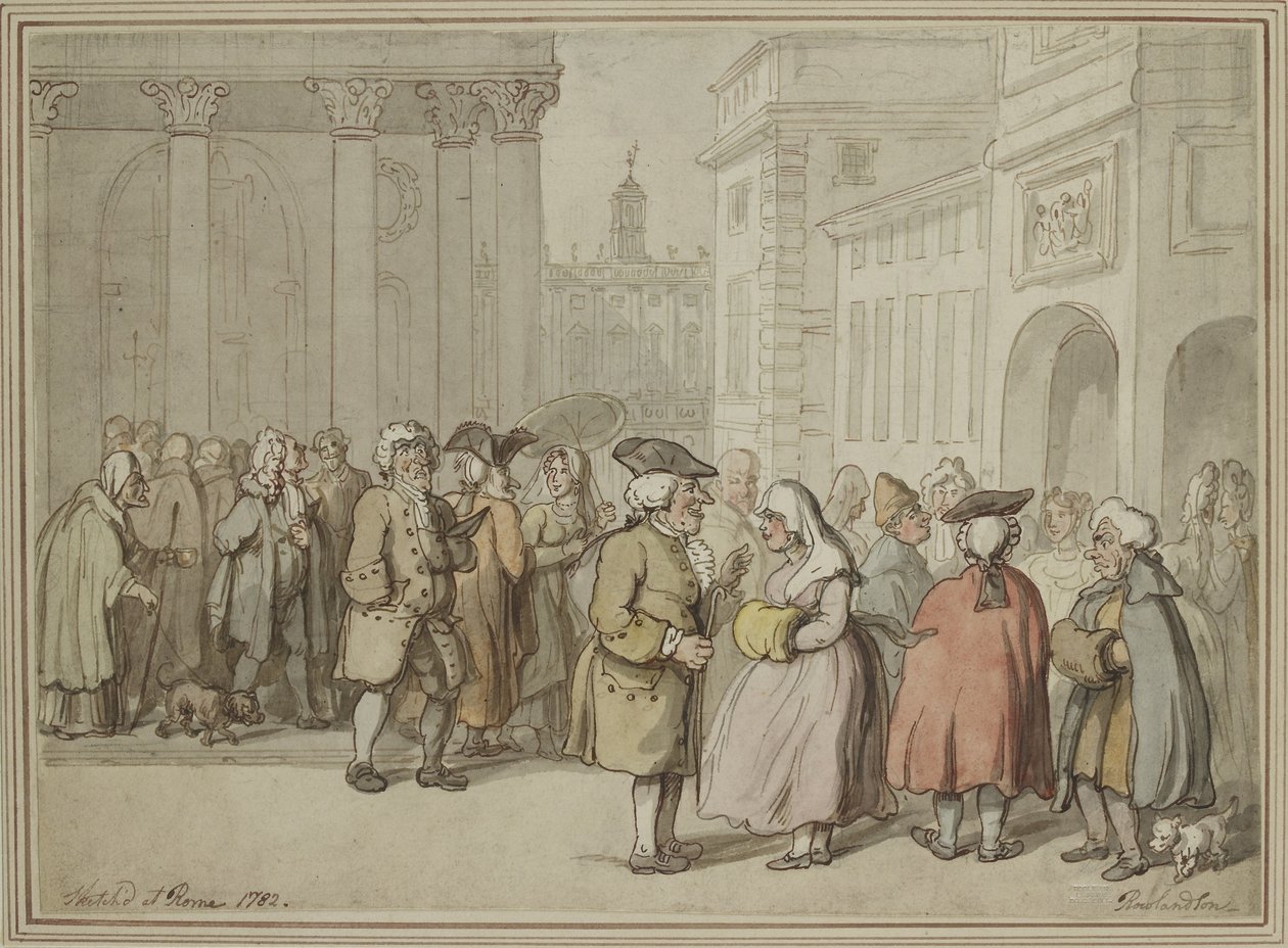 Roomassa luonnosteltu ryhmä (kynä ja punertavanruskea muste ja akvarelli grafiitilla) tekijältä Thomas Rowlandson