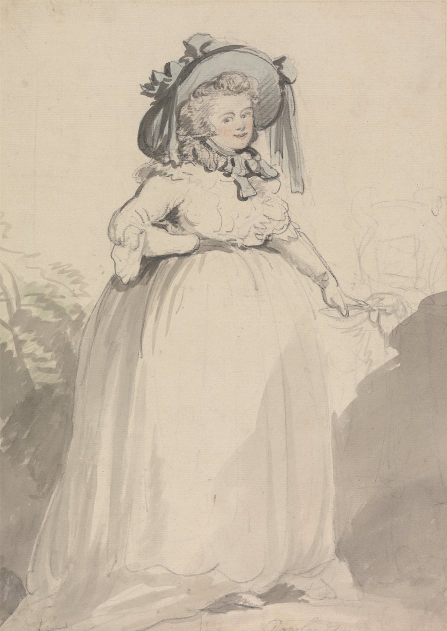 Nainen valkoisessa mekossa, yllään sininen hattu tekijältä Thomas Rowlandson