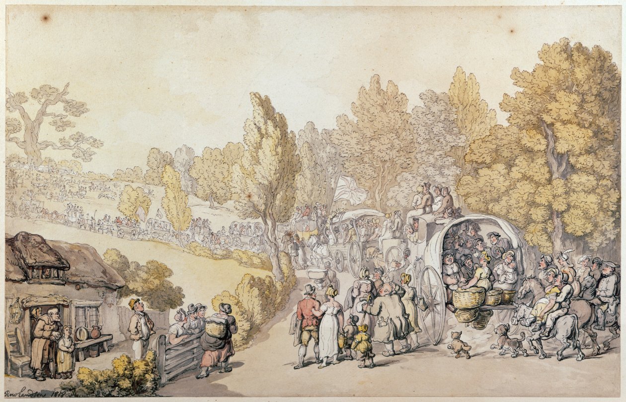 Pilapiirros maalaisista, jotka lähtevät kaupunkiin, 1818 (käsin väritetty kaiverrus). tekijältä Thomas Rowlandson