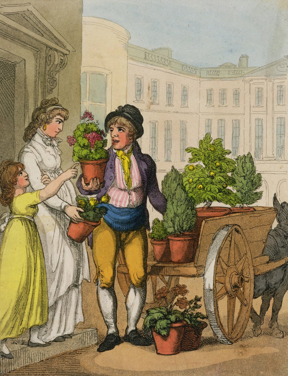Cries of London: The Garden Pot Seller, 1799 (väri akvatinta) tekijältä Thomas Rowlandson