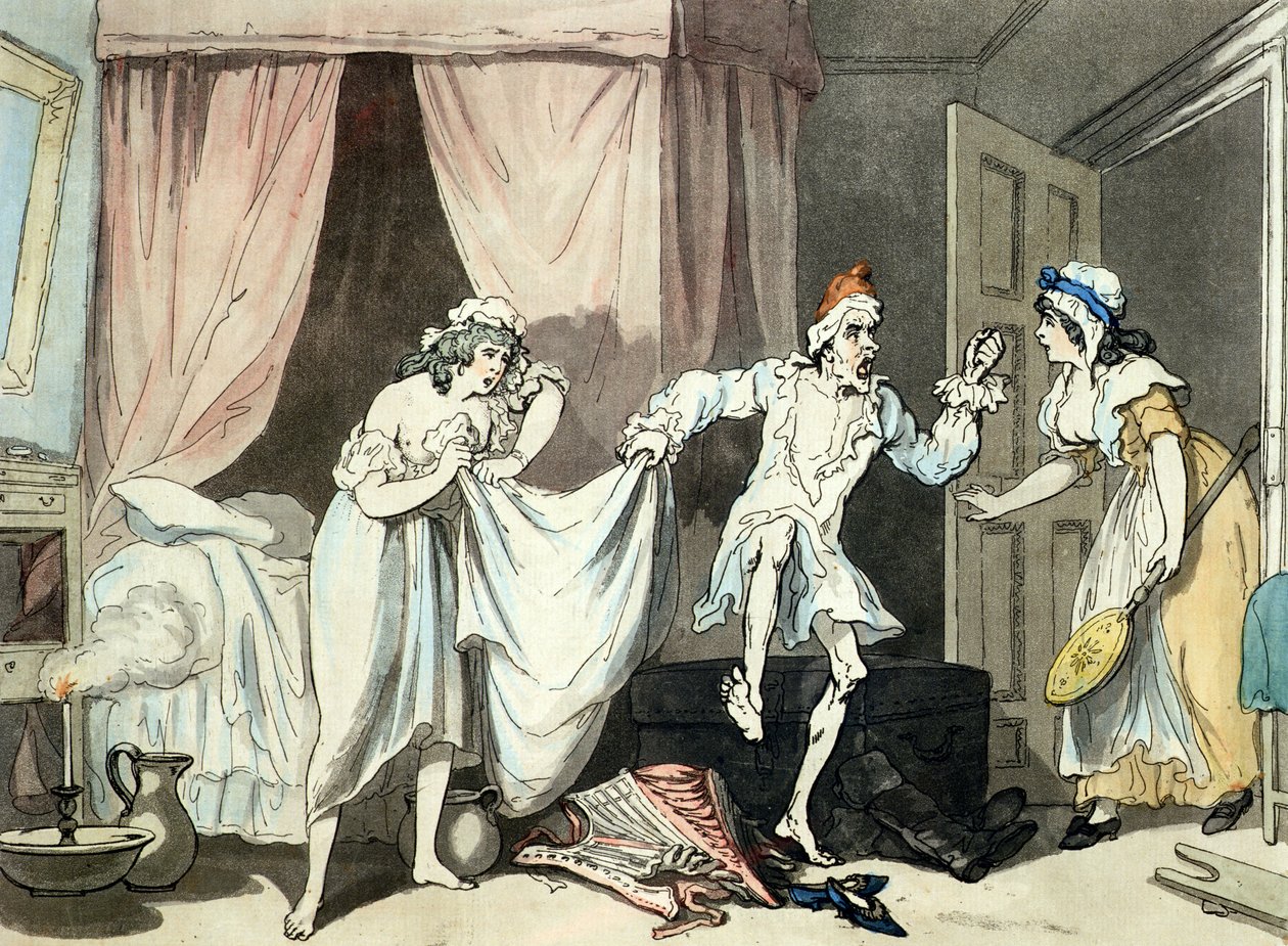 Damp Sheets, akvatintoi Thomas Malton (1748-1804), pub. 1791 (värillinen etsaus akvatintalla) tekijältä Thomas Rowlandson