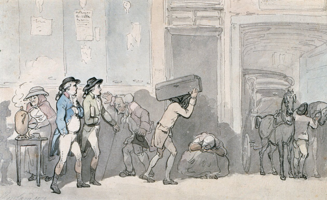 Rowlandson ja Wigstead (1745-93) saapuvat majataloon (kynä ja harmaa muste ja wc paperilla) tekijältä Thomas Rowlandson