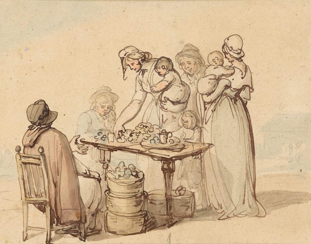 Oyster Stall (kynä ja ruskea muste, pesu paperille) tekijältä Thomas Rowlandson