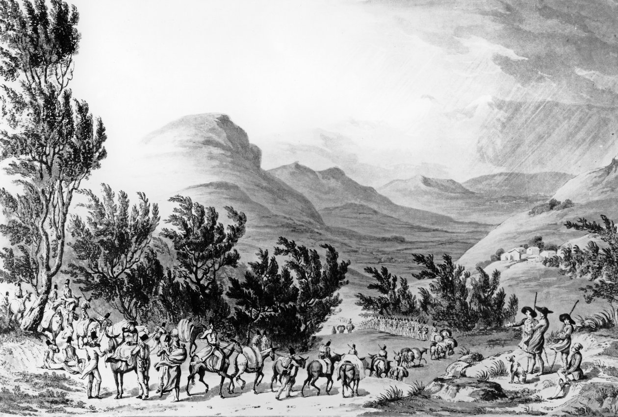 Serra de Estrella tai de Neve, armeijaa seuraavien matkatavaroiden marssi, 16. toukokuuta 1811, kaiverrus Charles Turner, 1815 tekijältä Thomas Staunton St. Clair