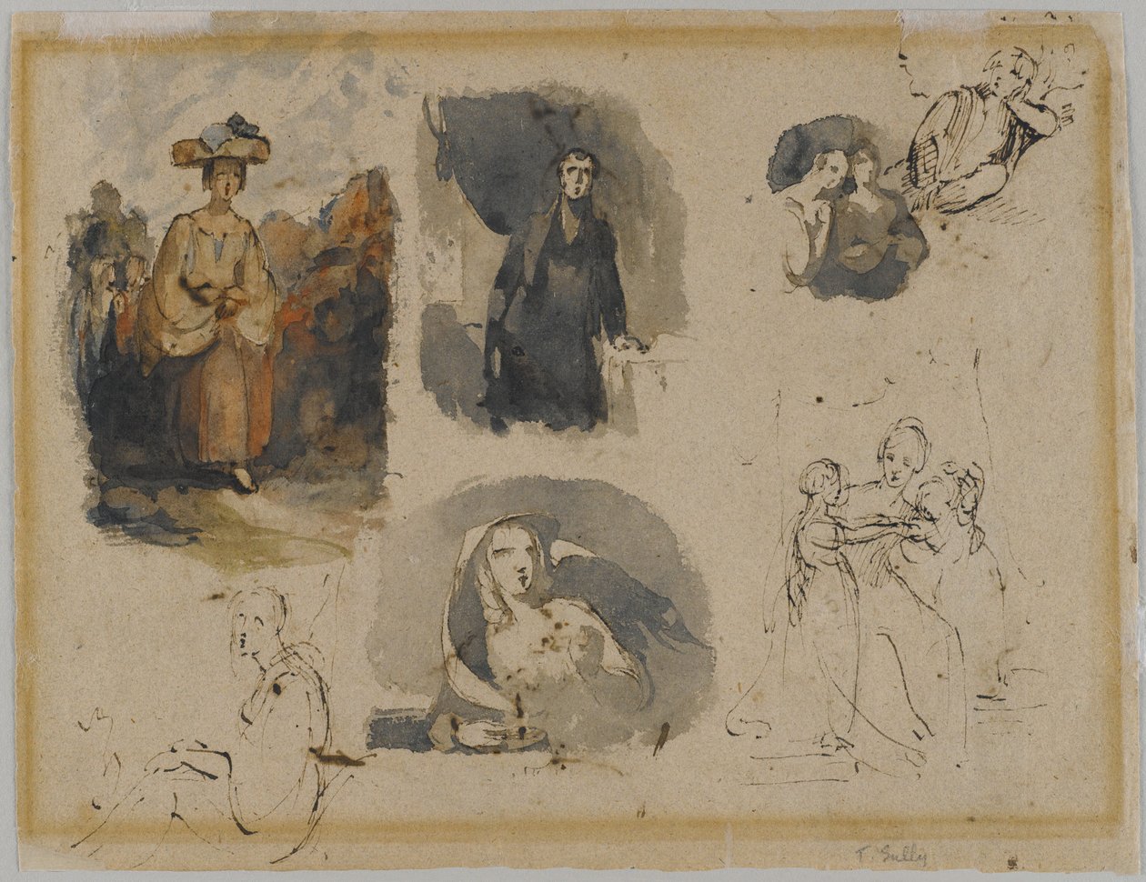 [Nimetön] (Seven Figure Studies), n. 1830-luku (rautamuste & wc beigelle, keskipainoiselle, kohtalaisen tekstuuriselle antiikkipaperille) (käänteinen) tekijältä Thomas Sully