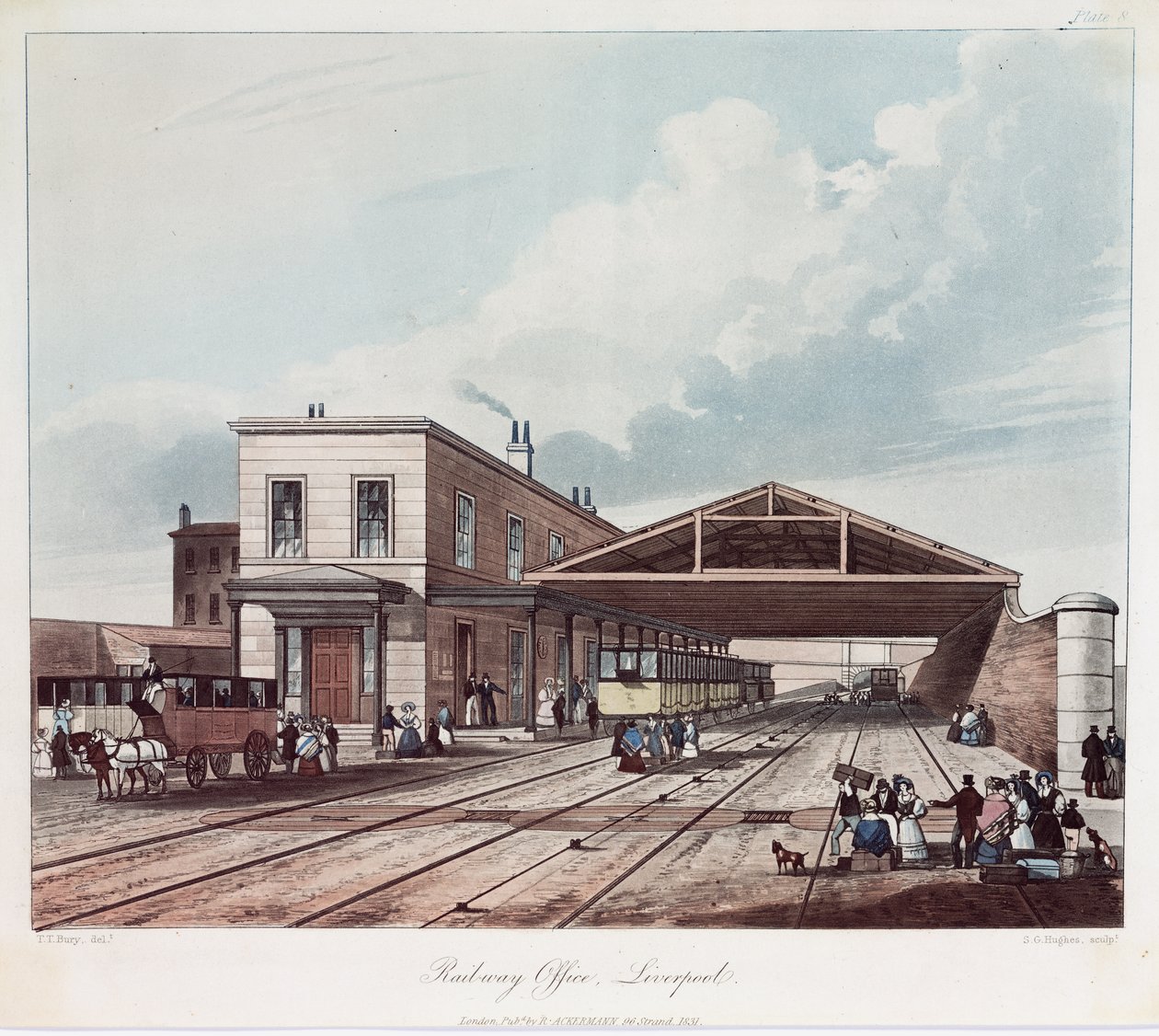 Railway Office, Liverpool, kaiverrus S.G. Hughes, 1831 (värillinen akvatinta) tekijältä Thomas Talbot after Bury
