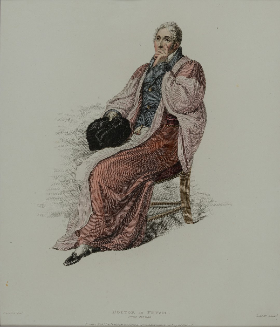 Fysiikan tohtori täydessä pukeutumisessa, kaiverrettu J. Agar, julkaistu R. Ackermannin teoksessa "History of Oxford", 1813 (käsinvärinen kaiverrus) tekijältä Thomas Uwins