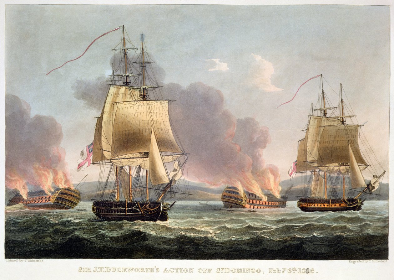 Sir J. T. Duckworthin toiminta St. Domingossa, 6. helmikuuta 1806, kaivertanut Thomas Sutherland J. Jenkinsin teokseen "Naval Achievements", 1816 (värikaiverrus) tekijältä Thomas Whitcombe