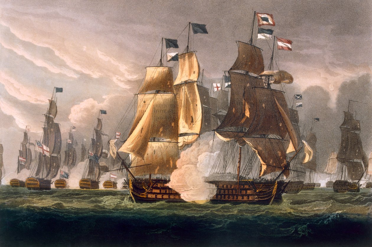 Cape St. Vincentin taistelu, 14. helmikuuta 1797, kaivertanut J. Baily J. Jenkinsin teokseen "Naval Achievements", 1816 (värikaiverrus) tekijältä Thomas Whitcombe