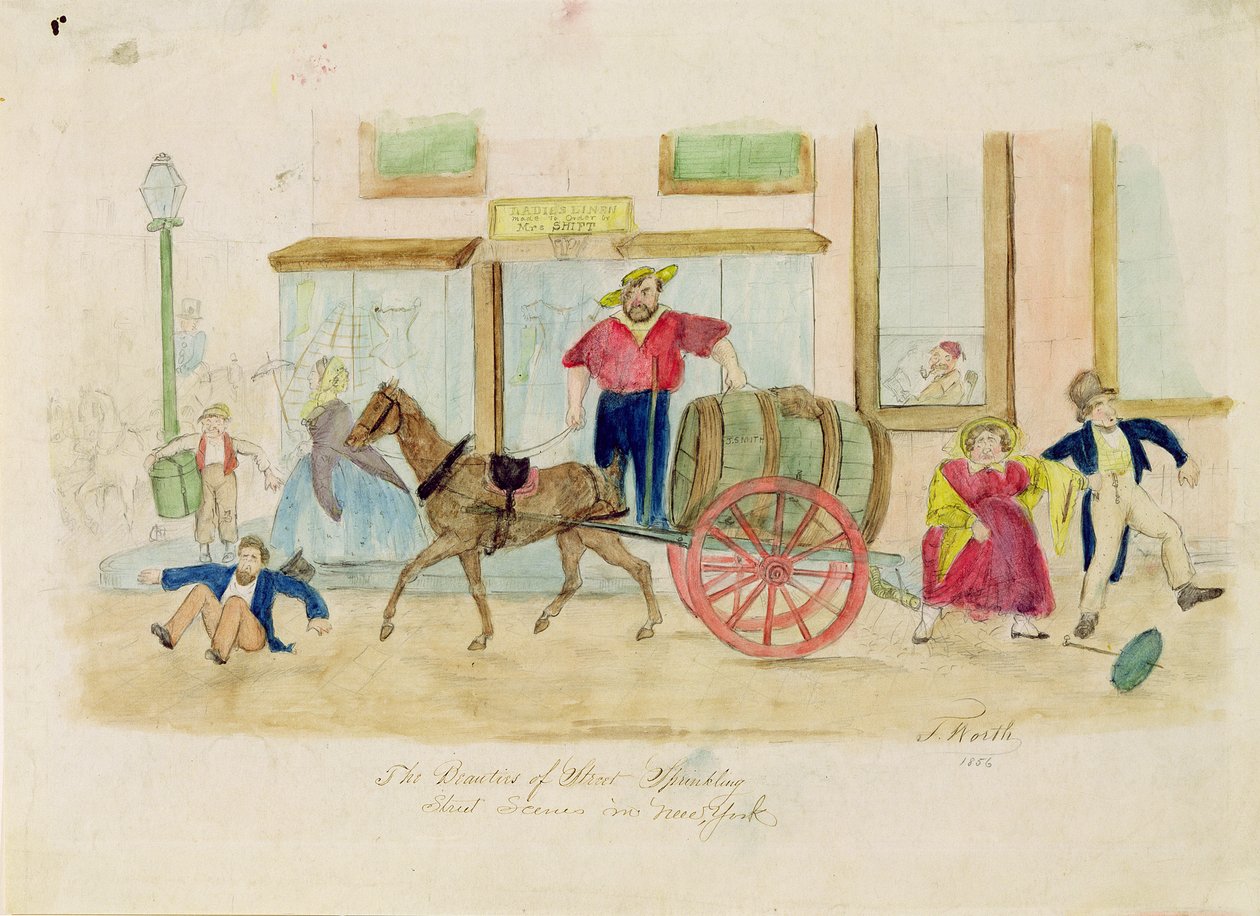 The Beauties of Street Sprinkling, New York City, 1856 (kynä ja wc paperilla) tekijältä Thomas Worth