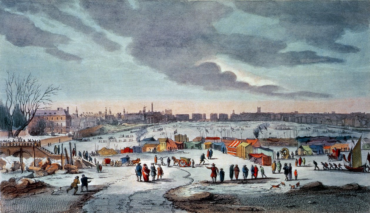 Frost Fair Thames-joella lähellä Temple Stairsia vuosina 1683–1684, kaiverrus James Stow (1770–1820), pubi. 1825, kirjoittanut Robert Wilkinson (väripainatus) tekijältä Thomas Wyke