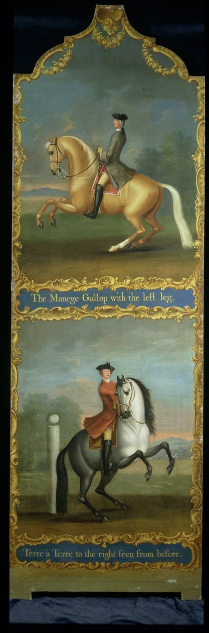 "The Manege Gallop or Carriere" (ylhäällä) ja "Terre a Terre oikealla ennen nähtynä" (alhaalta), n. 1750 tekijältä Thomas, of Pall Mall Butler