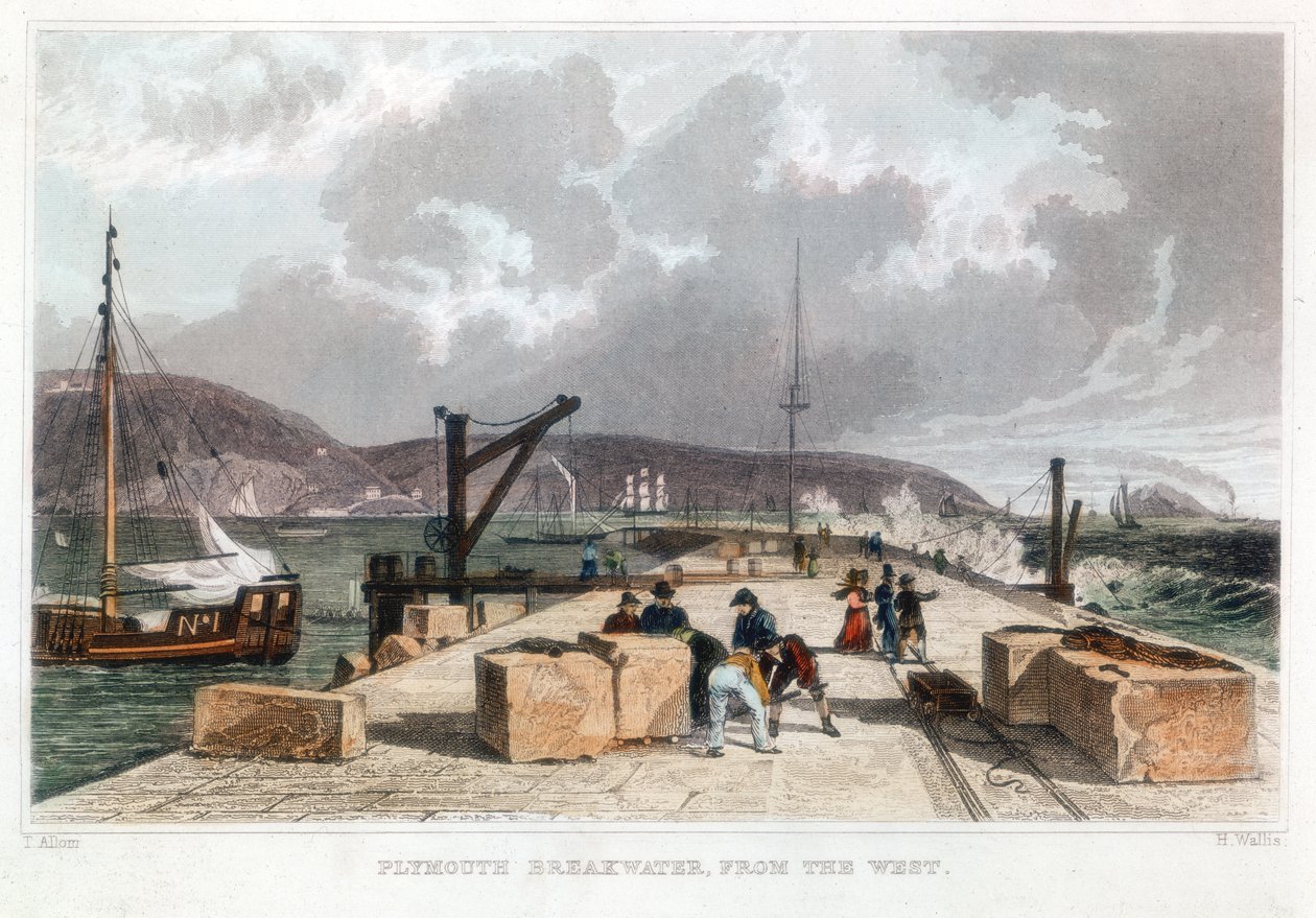 Plymouth aallonmurtaja lännestä, 1829 tekijältä Thomas Allom