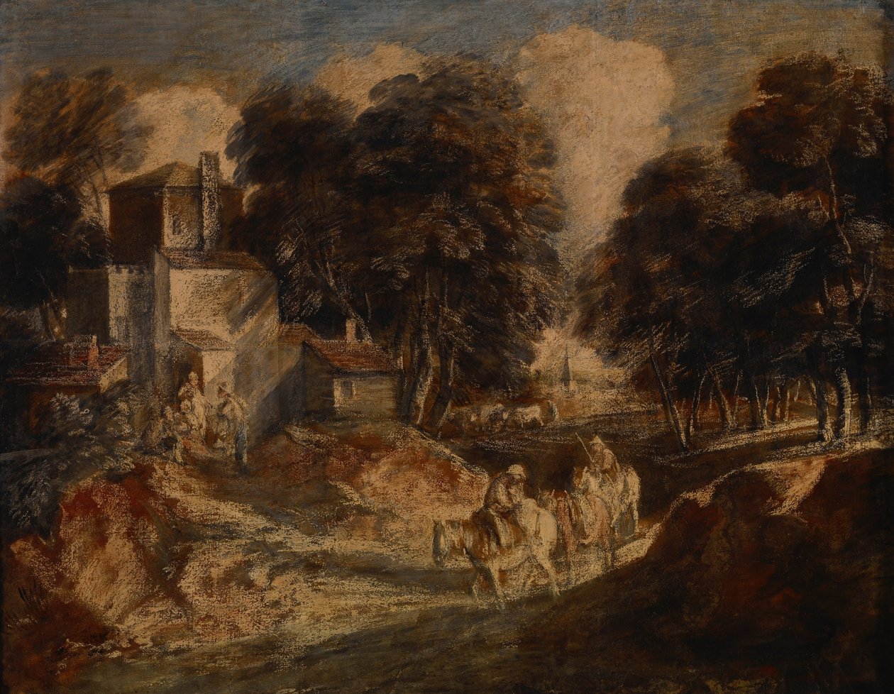 Metsäinen maisema ja ratsastavat talonpojat tekijältä Thomas Gainsborough
