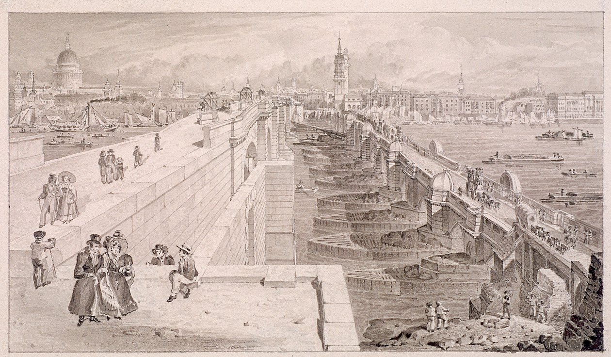 London Bridge vanha ja uusi, Lontoo, 1831 tekijältä Thomas Hosmer Shepherd